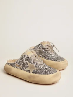 Fashion Mule Space-Star feminino em glitter prateado e forro de shearling MULHER Space-Star