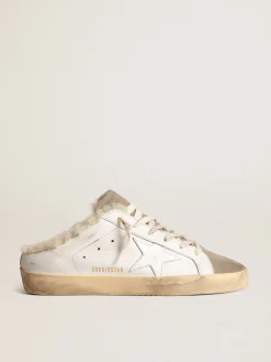 Store Mule Super-Star com estrela de couro branco e forro de shearling MULHER Super-Star Sabot