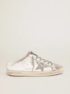 New Mule Super-Star de couro branco e suede cinza com estrela de glitter prateado MULHER Super-Star Sabot