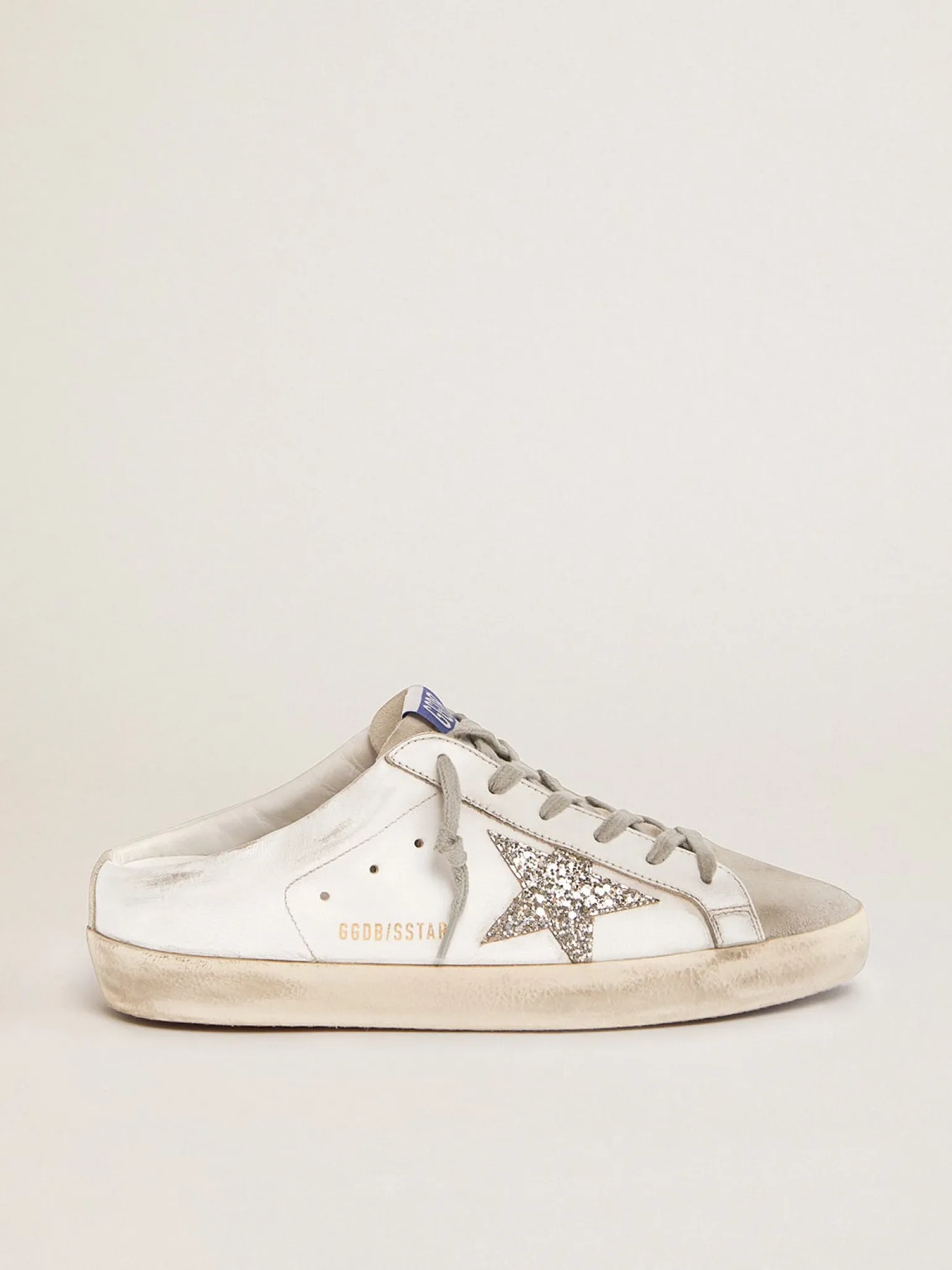 New Mule Super-Star de couro branco e suede cinza com estrela de glitter prateado MULHER Super-Star Sabot