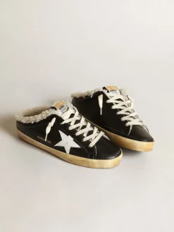 New Mule Super-Star de napa preta com estrela de couro branco e forro de shearling bege MULHER Super-Star Sabot