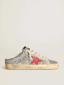 Flash Sale Mule Super-Star feminino em glitter prateado com estrela de couro vermelho MULHER Super-Star Sabot