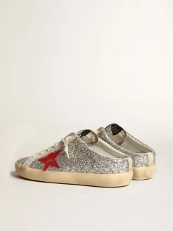Flash Sale Mule Super-Star feminino em glitter prateado com estrela de couro vermelho MULHER Super-Star Sabot