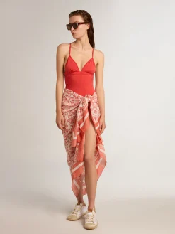 Fashion Pareô de voile de algodão com estampa branca e vermelho coral all-over MULHER Beachwear