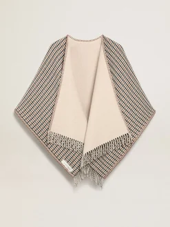 Cheap Poncho de lã dupla face na cor creme com estampa xadrez e inscrição MULHER Malhas|Malhas