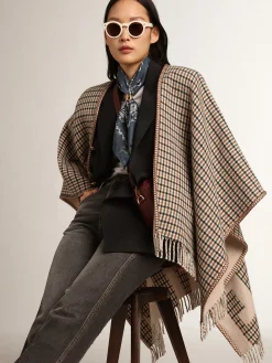 Cheap Poncho de lã dupla face na cor creme com estampa xadrez e inscrição MULHER Malhas|Malhas