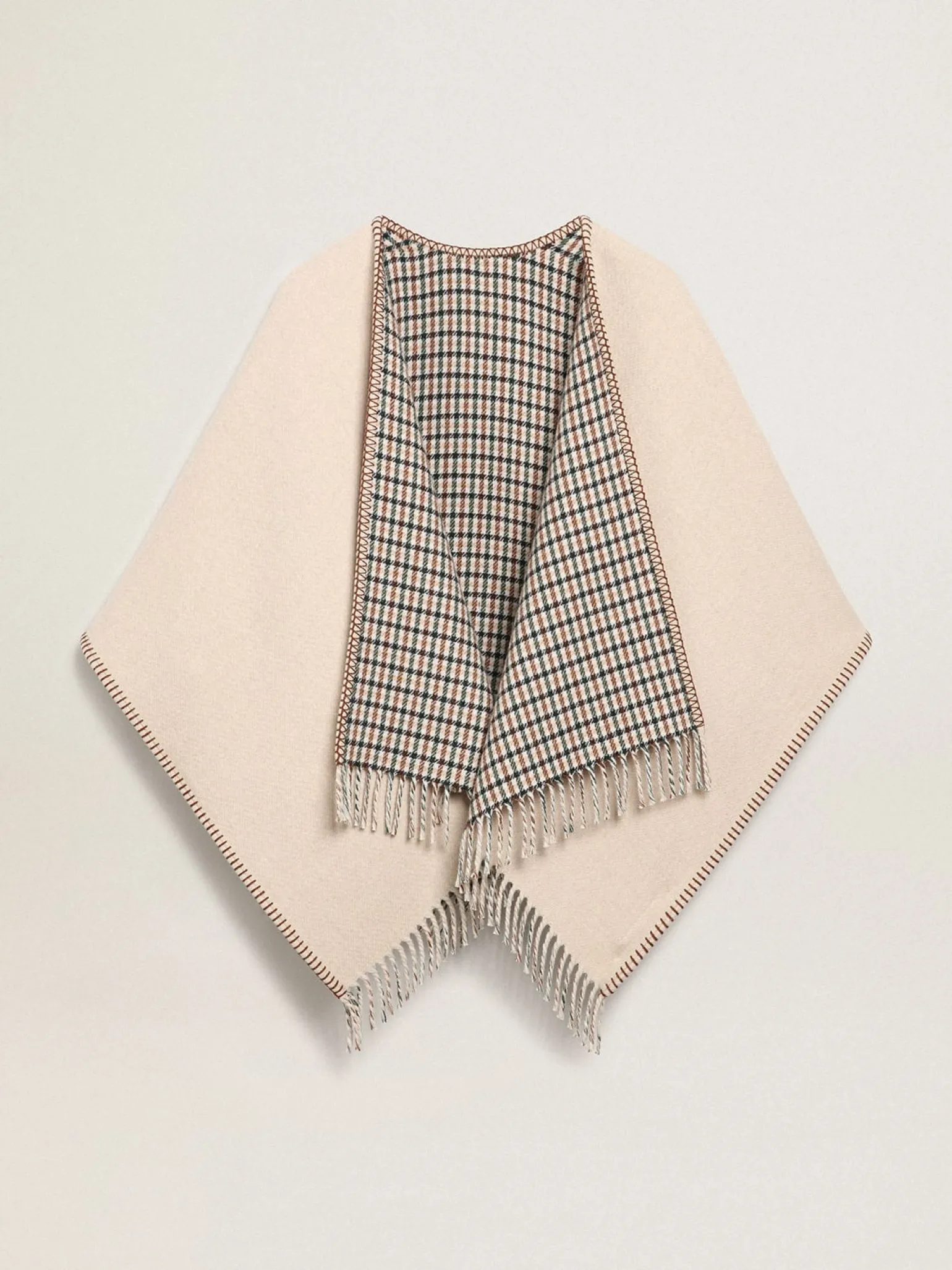 Cheap Poncho de lã dupla face na cor creme com estampa xadrez e inscrição MULHER Malhas|Malhas