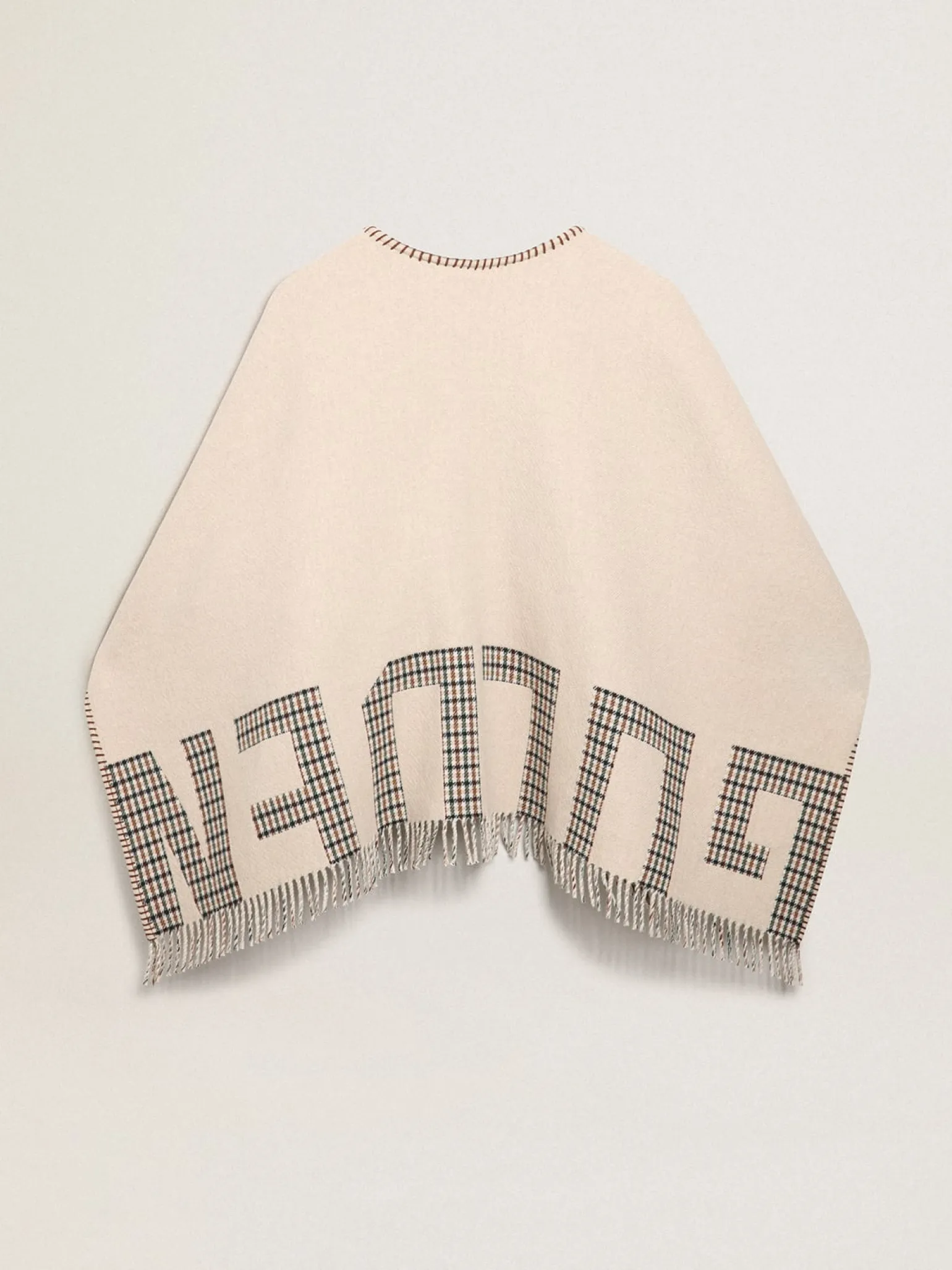 Cheap Poncho de lã dupla face na cor creme com estampa xadrez e inscrição MULHER Malhas|Malhas