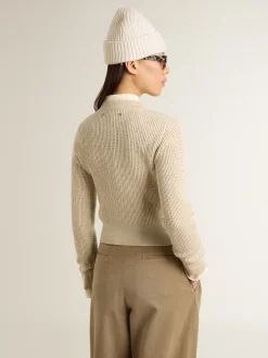 Store Pulôver cropped de gola redonda de lã bege e cristais all-over MULHER Malhas