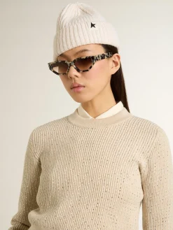 Store Pulôver cropped de gola redonda de lã bege e cristais all-over MULHER Malhas