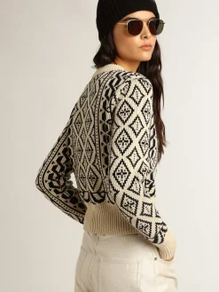 Shop Pulôver cropped gola redonda, estampas geométricas pergaminho e azul MULHER Malhas