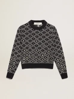 Store Pulôver feminino de gola redonda com motivos geométricos brancos e azuis MULHER Malhas