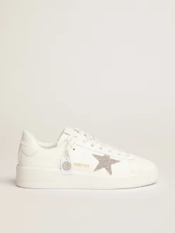 Fashion Purestar feminino de couro branco com estrela de cristais prateados MULHER Purestar