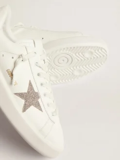 Fashion Purestar feminino de couro branco com estrela de cristais prateados MULHER Purestar