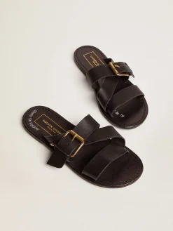 Clearance Sandália rasteira Feminina de couro resinado preto MULHER Sapatos|Beachwear