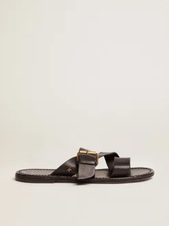 Clearance Sandália rasteira Feminina de couro resinado preto MULHER Sapatos|Beachwear