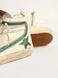 Fashion Slide de napa bege com estrela e lista de couro metálico verde Slide