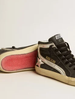Clearance Slide de suede preto com estrela e lista de couro metálico prateado Slide