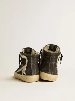 Clearance Slide de suede preto com estrela e lista de couro metálico prateado Slide