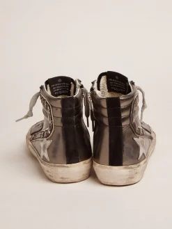 Flash Sale Slide feminino com cabedal de couro metálico prateado e tachas MULHER Slide