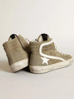 Clearance Slide masculino de suede verde-militar com estrela e lista brancas Slide
