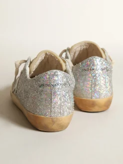 Cheap Super-Star com detalhes de lurex prateado e estrela de couro branco MULHER Super-Star