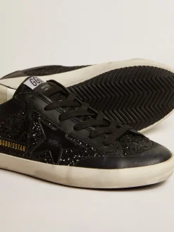 Flash Sale Super-Star de napa e glitter pretos com estrela de couro preto brilhante MULHER Super-Star