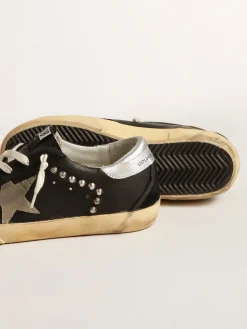 Cheap Super-Star Feminino de couro e suede pretos com tachas prateadas MULHER Super-Star