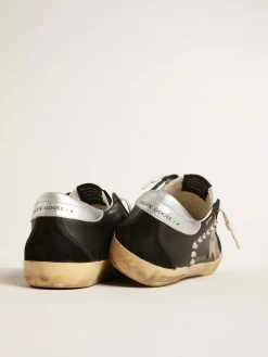 Cheap Super-Star Feminino de couro e suede pretos com tachas prateadas MULHER Super-Star
