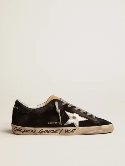 Fashion Super-Star masculino de suede preto com estrela de couro metálico prateado Super-Star