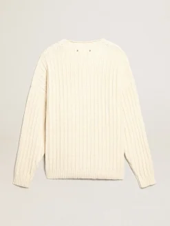 Cheap Suéter de gola redonda de linha de algodão misto cor de papiro Malhas