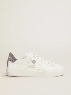 Outlet Tênis Purestar de couro branco com talão de cristais prateados MULHER Purestar