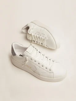 Outlet Tênis Purestar de couro branco com talão de cristais prateados MULHER Purestar