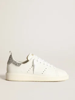 New Tênis Starter em couro branco com talão de glitter prateado MULHER Starter