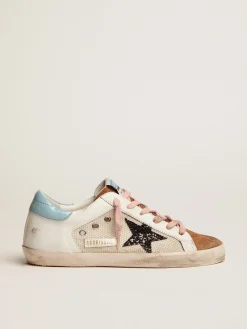 Outlet Tênis Super-Star de tela cinza claro e couro branco com estrela de glitter preto MULHER Super-Star