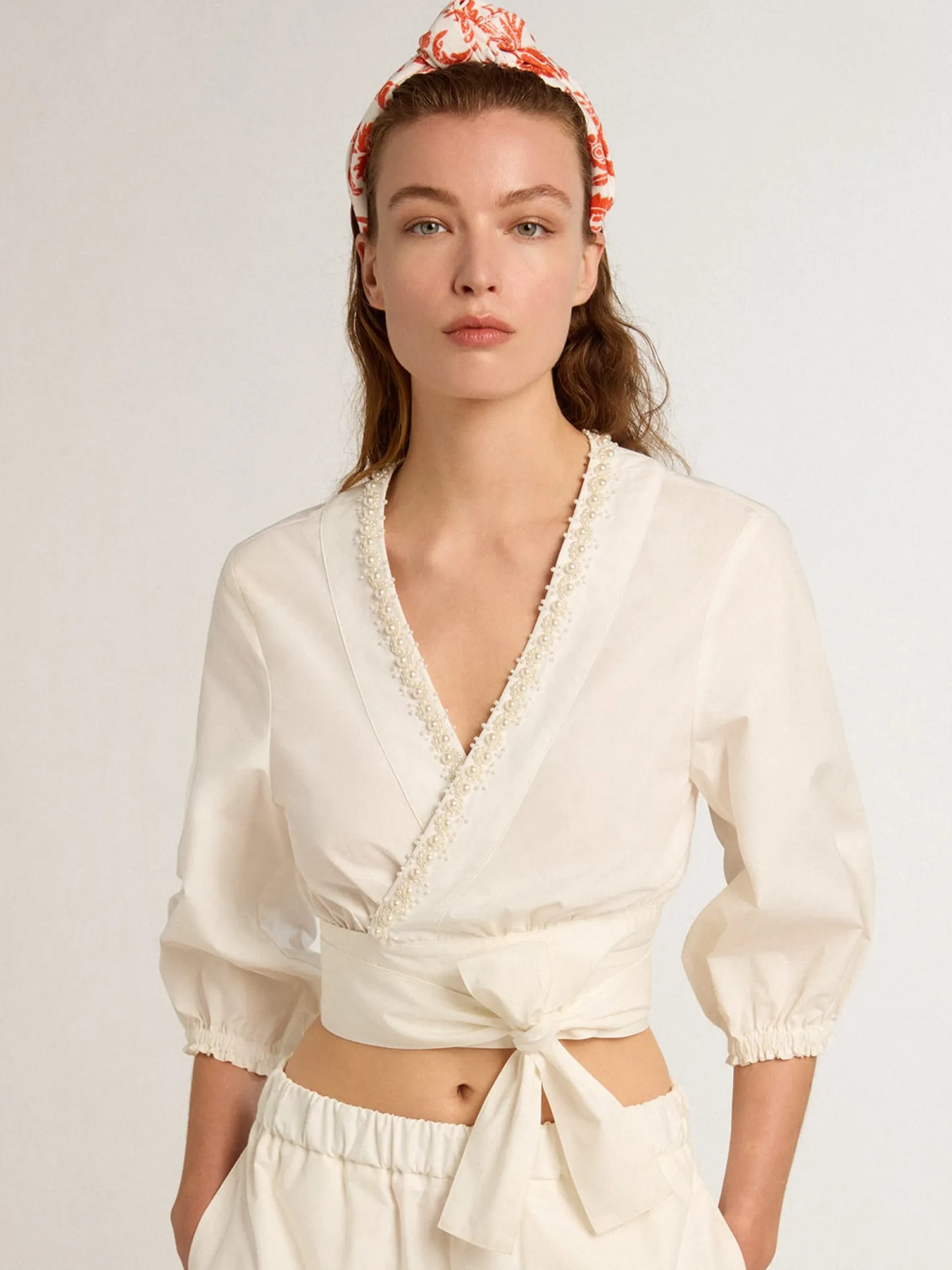 Clearance Top cropped de algodão com bordado de pérolas MULHER Beachwear|Camisas