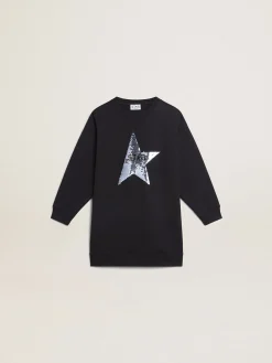 Flash Sale Vestido de moletom infantil feminino azul com estrela de lantejoulas Roupas de cima (4-12 years)