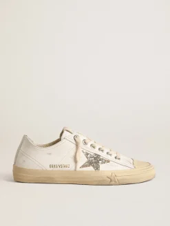 New V-Star de couro branco com estrela de glitter platinado MULHER V-Star