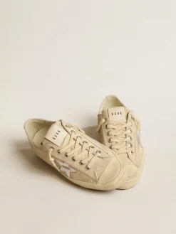 Hot V-Star feminino de suede pérola com estrela de couro metálico prateado MULHER V-Star