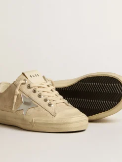 Hot V-Star feminino de suede pérola com estrela de couro metálico prateado MULHER V-Star