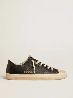Flash Sale V-Star Masculino de napa preta com estrela de couro preto V-Star